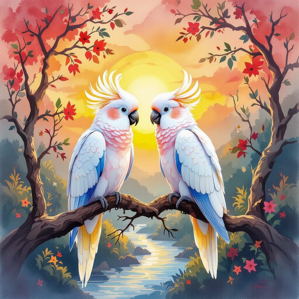 Vibrant Cockatoos on Branch at Sunrise