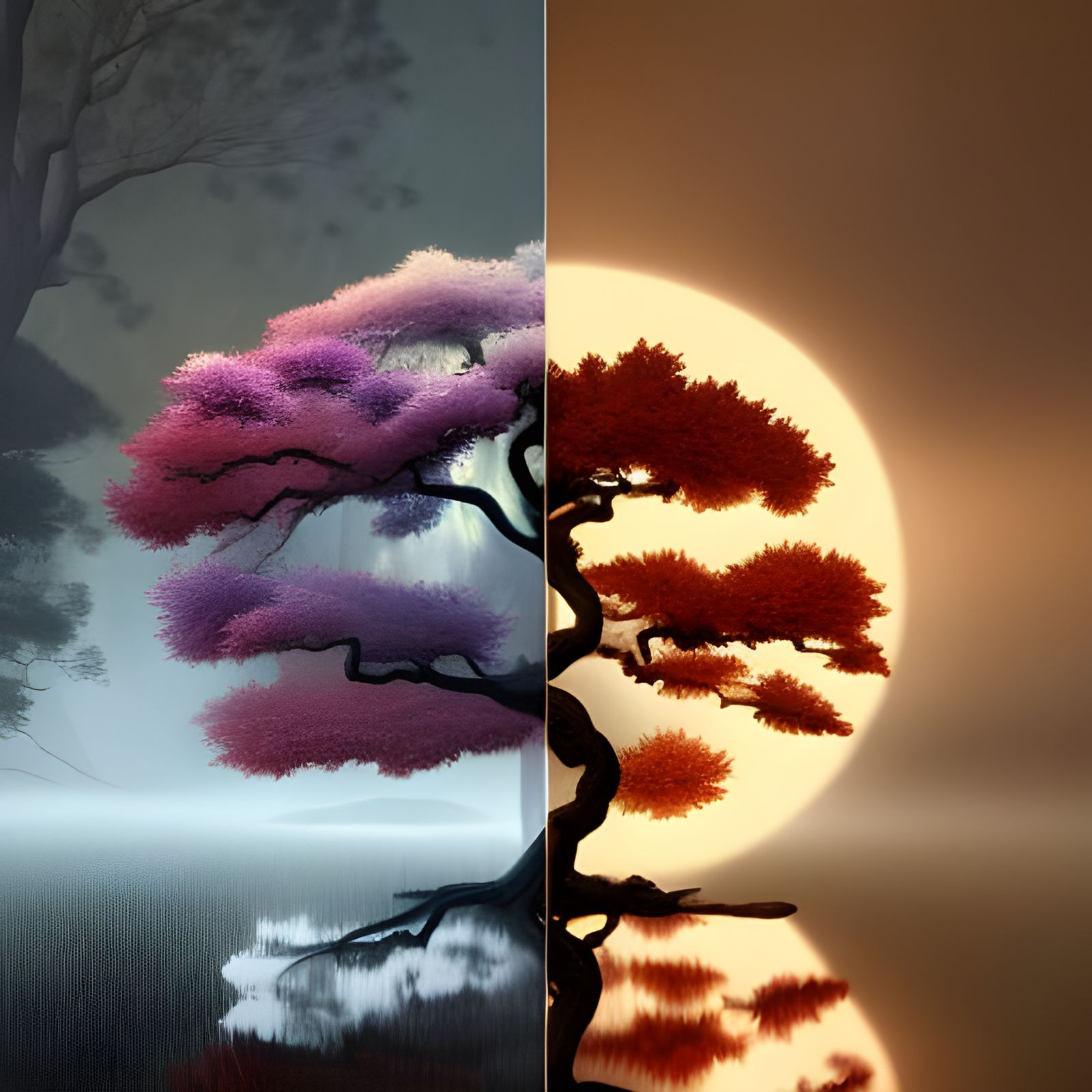 Ying Yang Trees in Dark Fantasy Style
