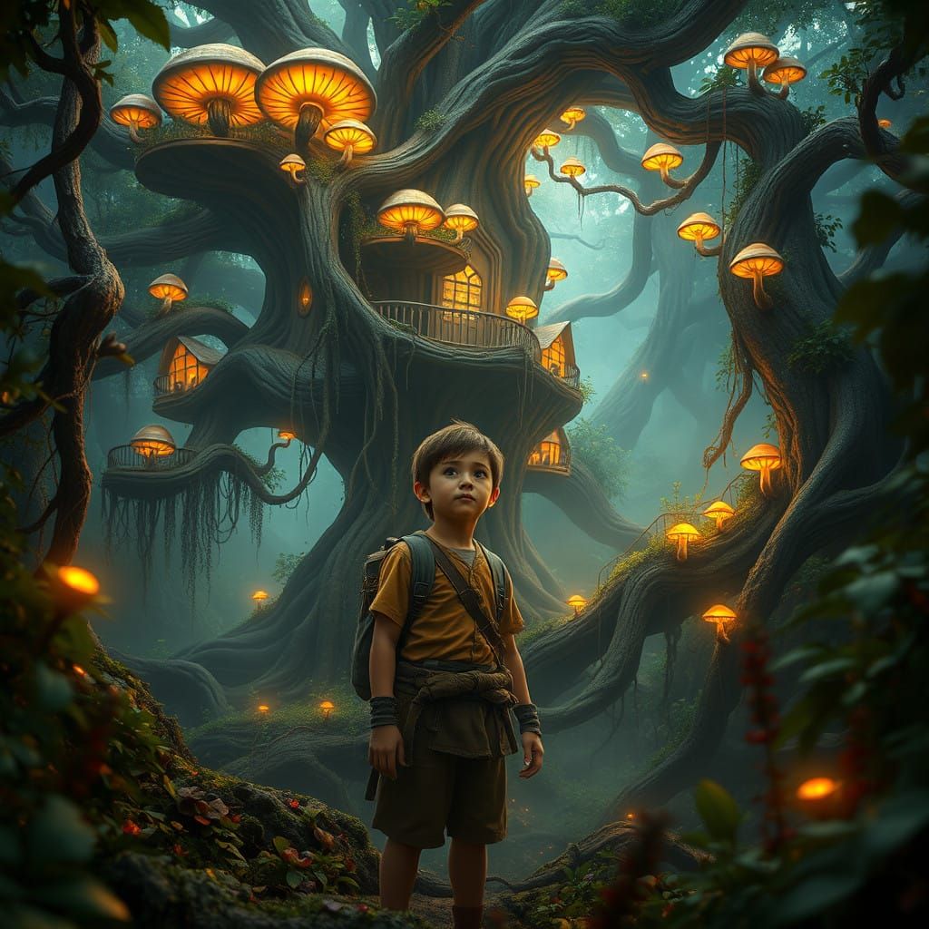 A Young Man's Enchanted Forest Retreat in Vibrant, Surreal S...