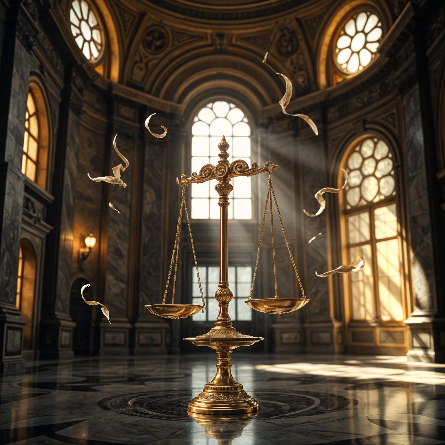 Golden Scales of Justice in a Grand Marble Courtroom