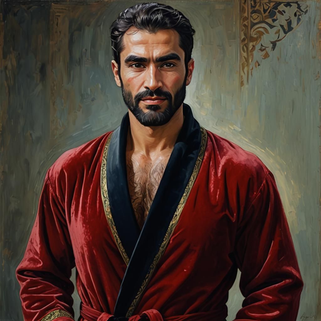 Elegant Man in Red Velvet Robe, Art Nouveau Painting