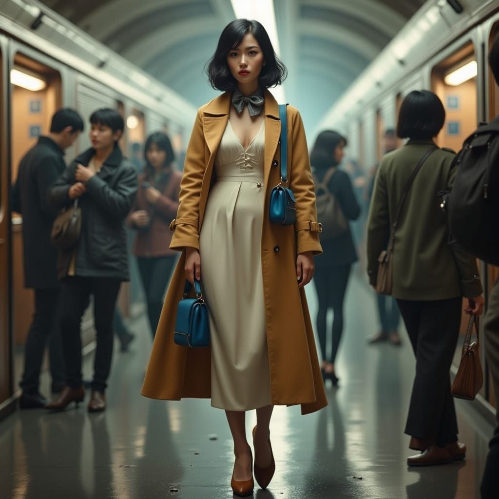 Enigmatic Victorian Woman in Subway Chaos