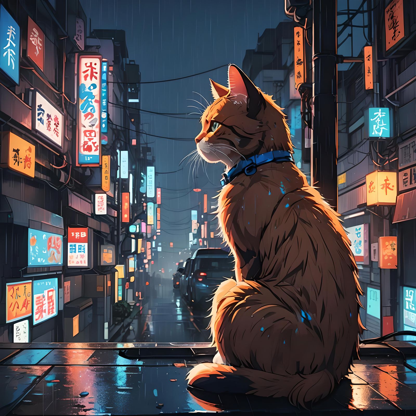 Anthropomorphic Cat in Rainy Cyberpunk Cityscape