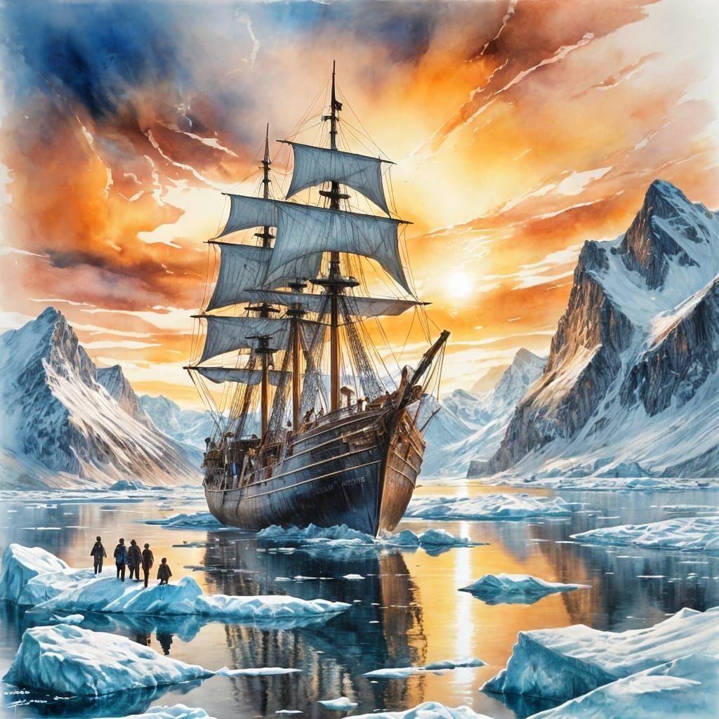 Arctic Explorers Encounter Golden Sunset: A Watercolor Scene