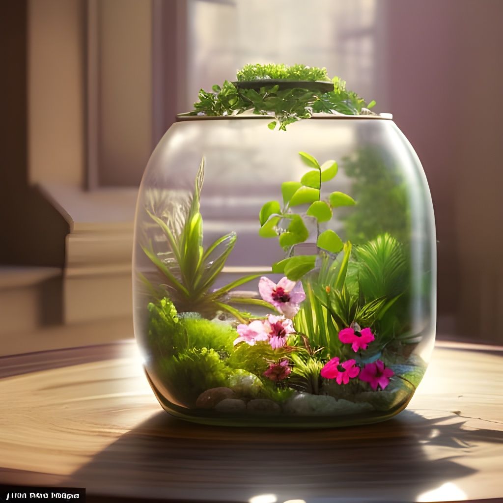 Miniature Flower Garden Inside Cracked Glass Jar