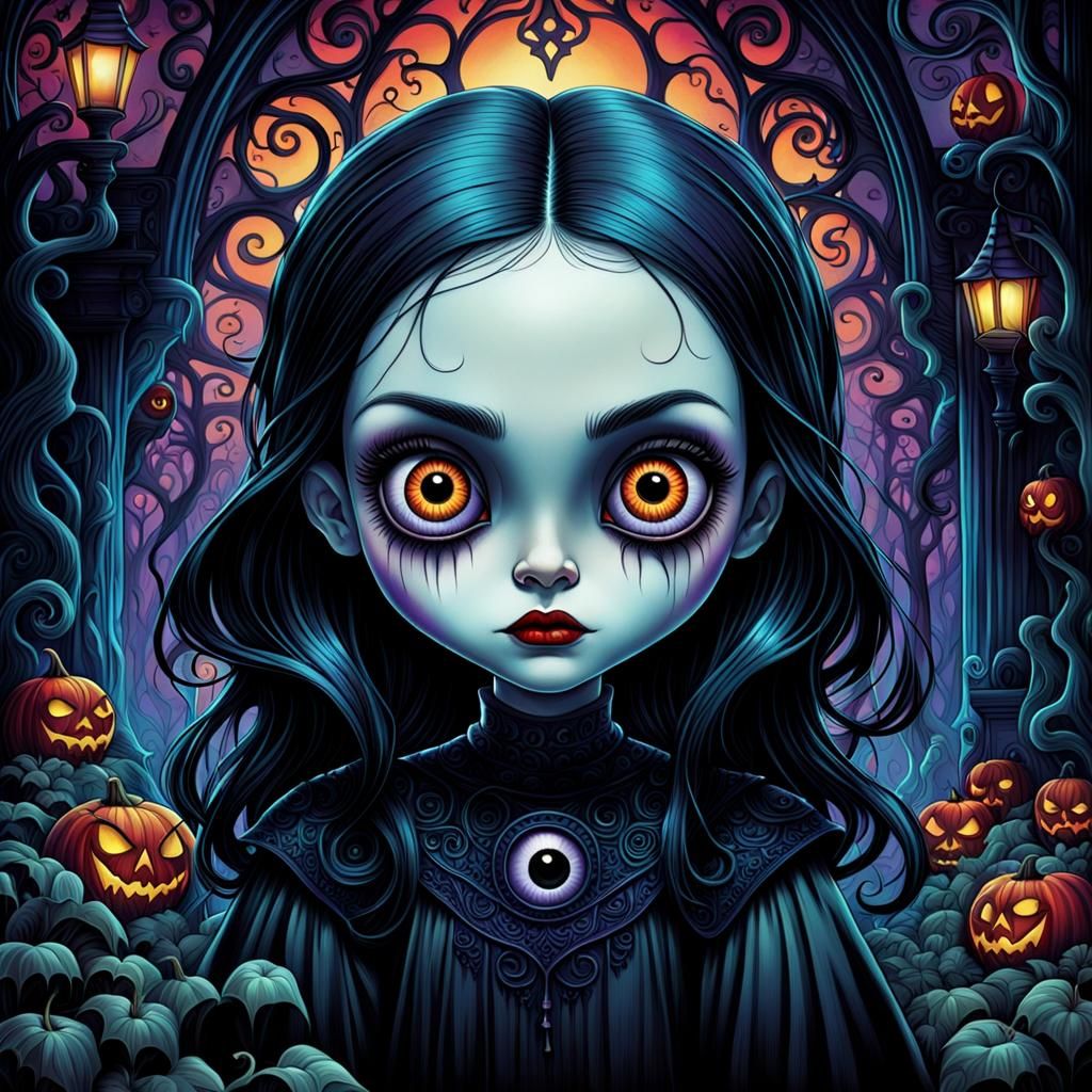 Cute Goth Girl with Glowing Eyes in Art Nouveau