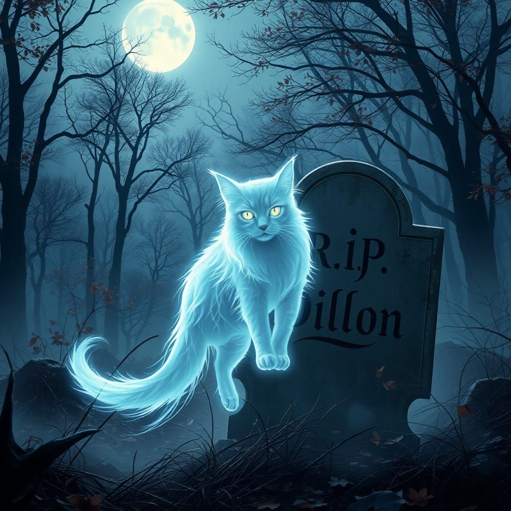 Ghost Cat in Moonlit Forest, Cyberpunk Style