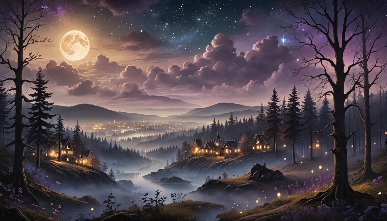 Whimsical Woodland Landscape with Glowing Town