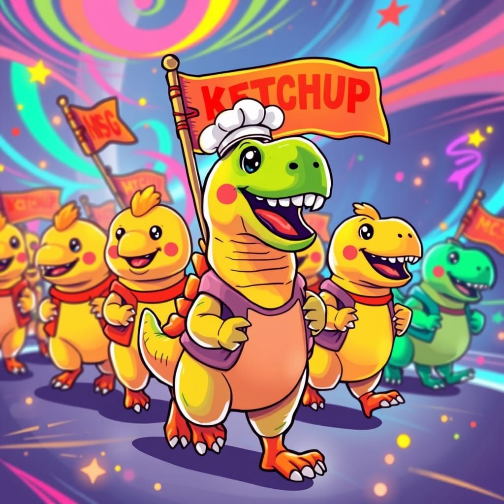 Dino Chicken Nugget Parade in 90s Neon Style