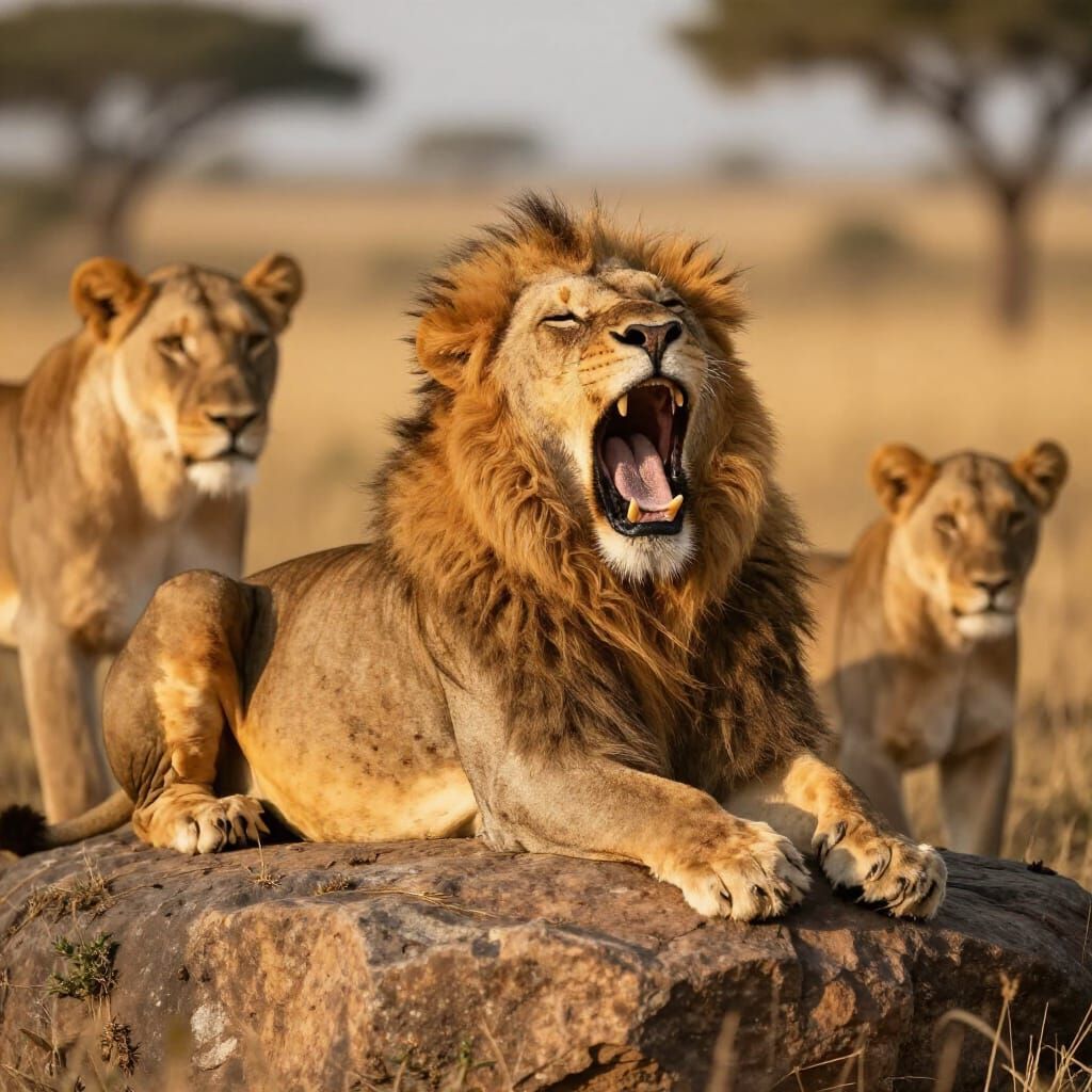 Majestic Male Lion Yawning on Savanna Rock