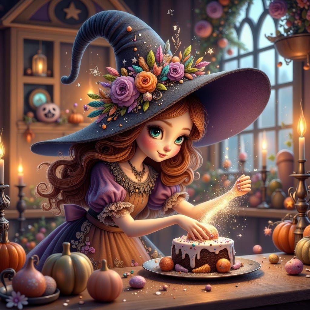 Whimsical Witch Sprinkling Magic in Ghibli-esque Cottage