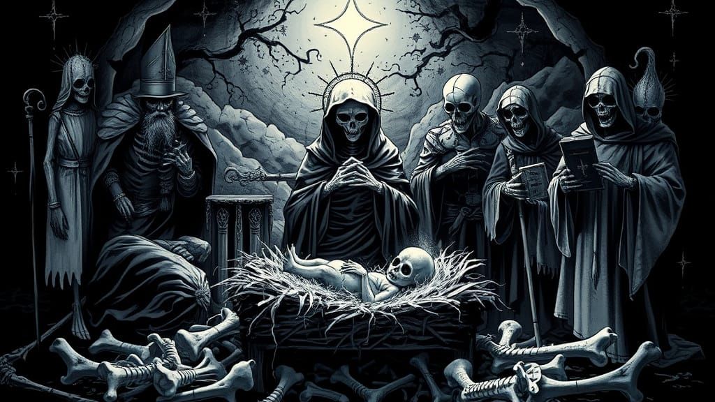 Gothic Nativity Scene: Specter Child and Ghostly Figures