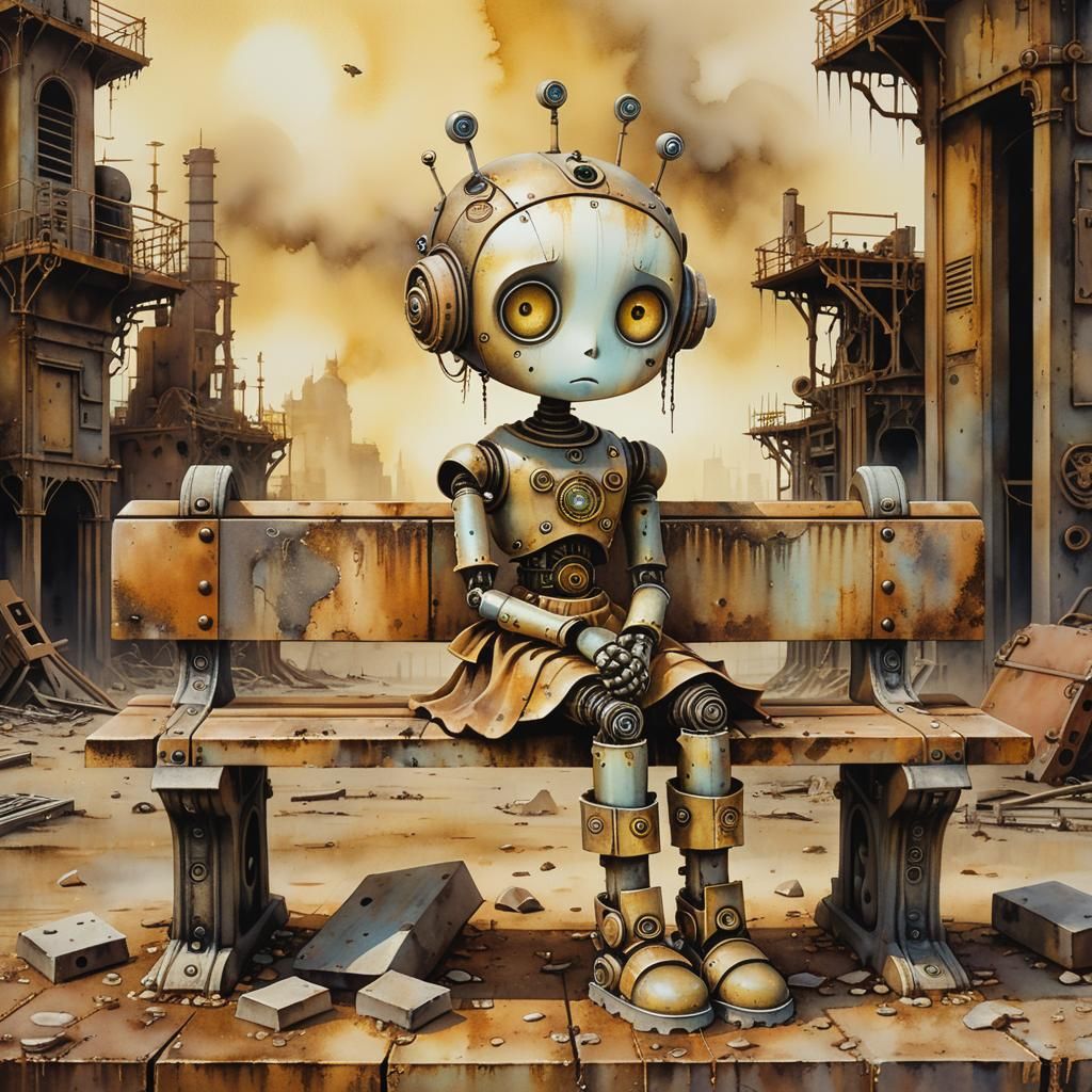 Sad Robot Girl in Post-Apocalyptic Wasteland