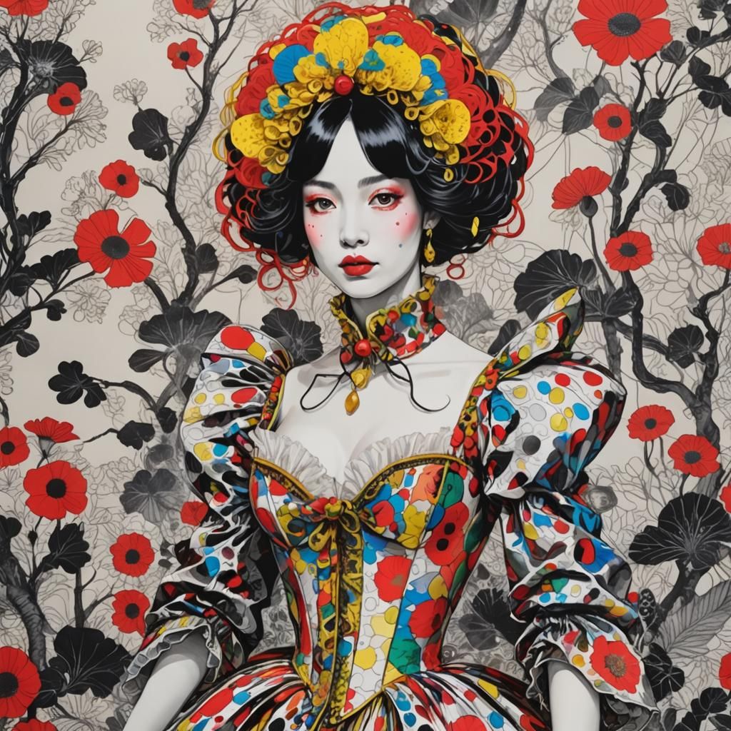 Rococo Marquise with Polka Dots in Ink Drawing