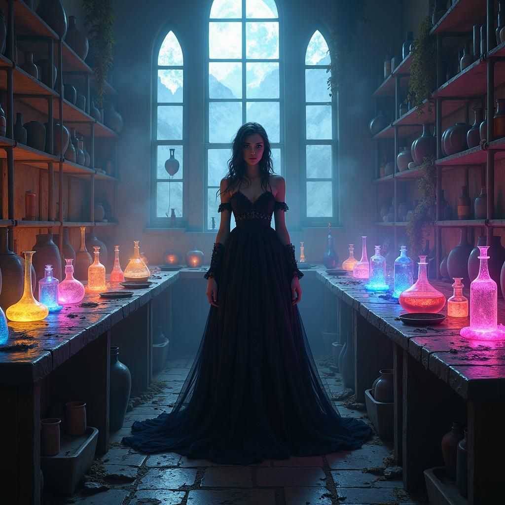 Mystical Sorceress in Potion Room at Night