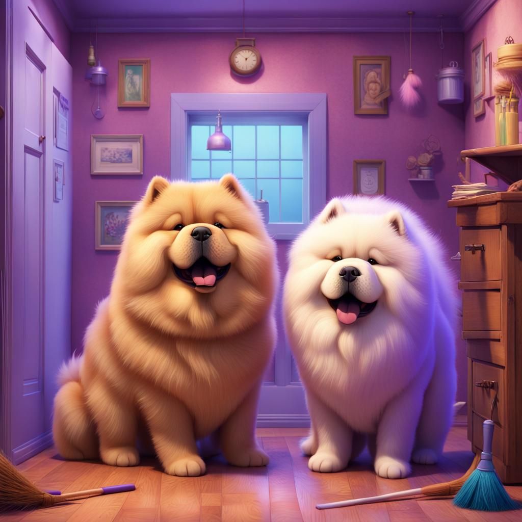 Chow Chows Dancing in Magical Purple House as 3D Art