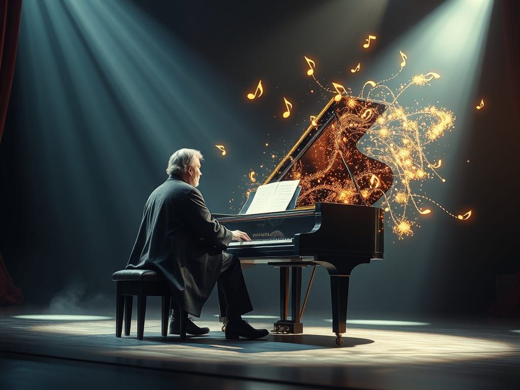 Wizard Musician's Piano Performance with Ethereal Notes