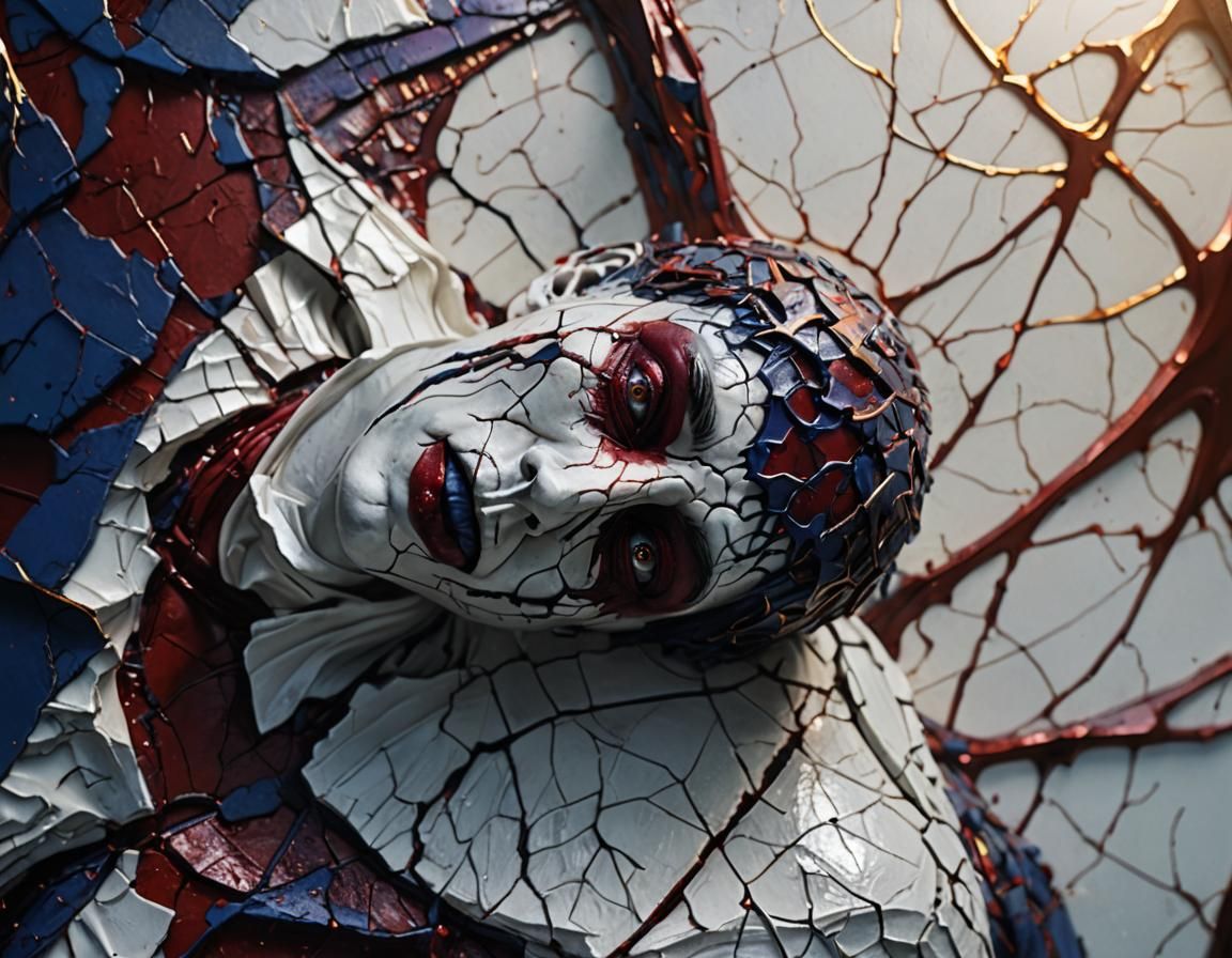 Cracked Porcelain Face with Crimson Blood: Fantasy Art