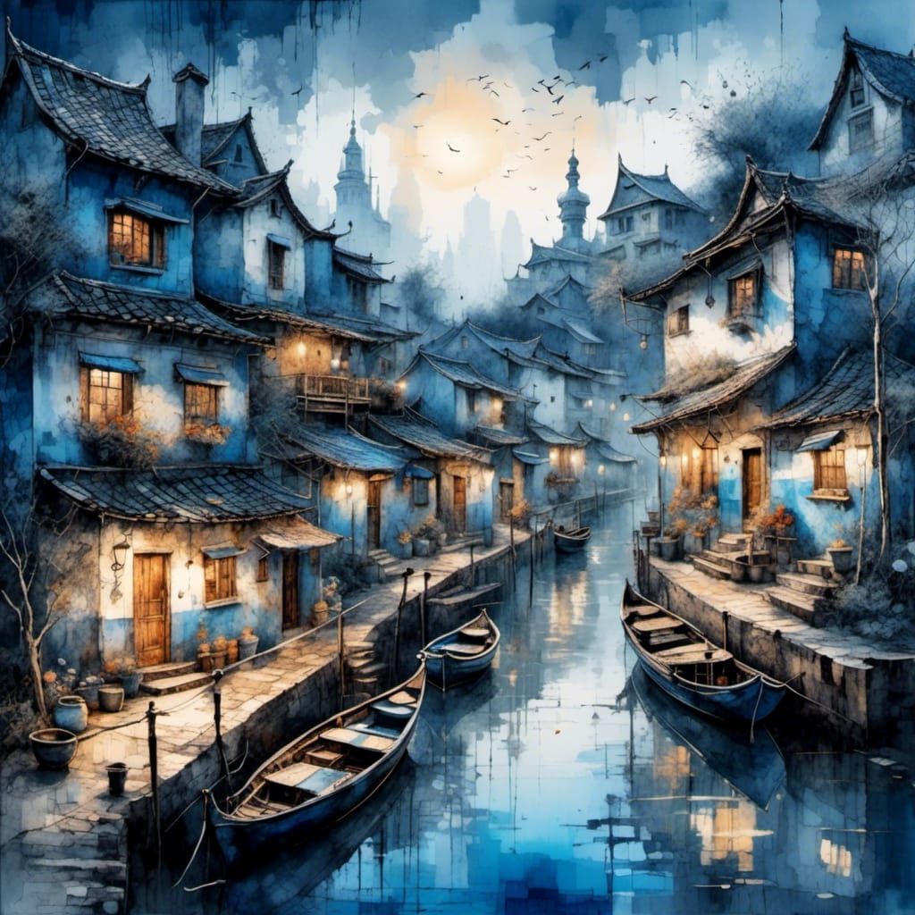 Picturesque Fishing Village in Watercolor Style