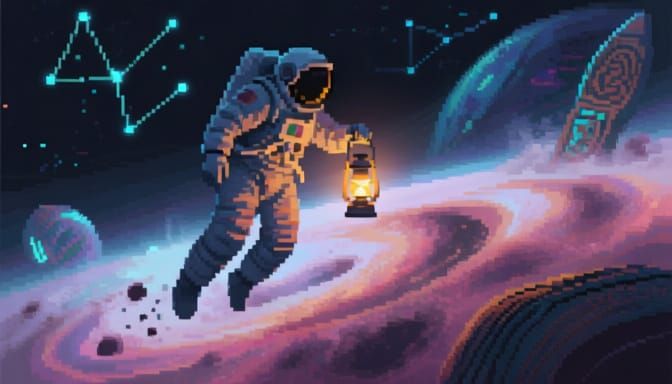 Astronaut Adrift in Pixelcore Nebula with Lantern