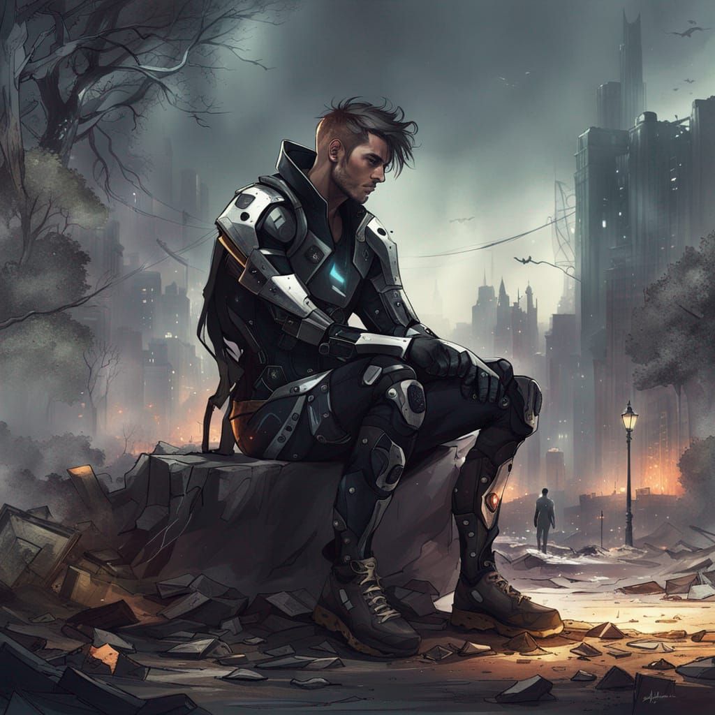 Dystopian Cyborg in Ruined City: Fantasy Art