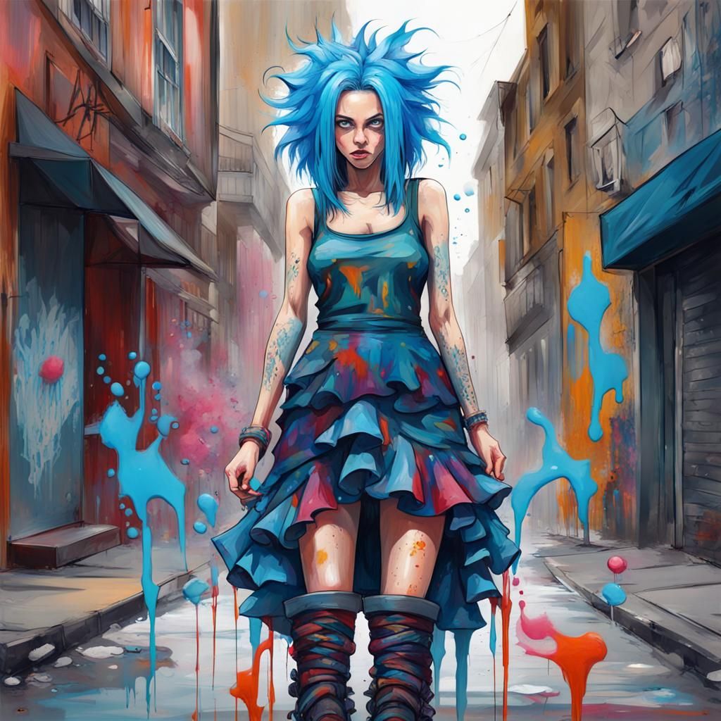 Blue-Haired Woman in Graffiti Street Art