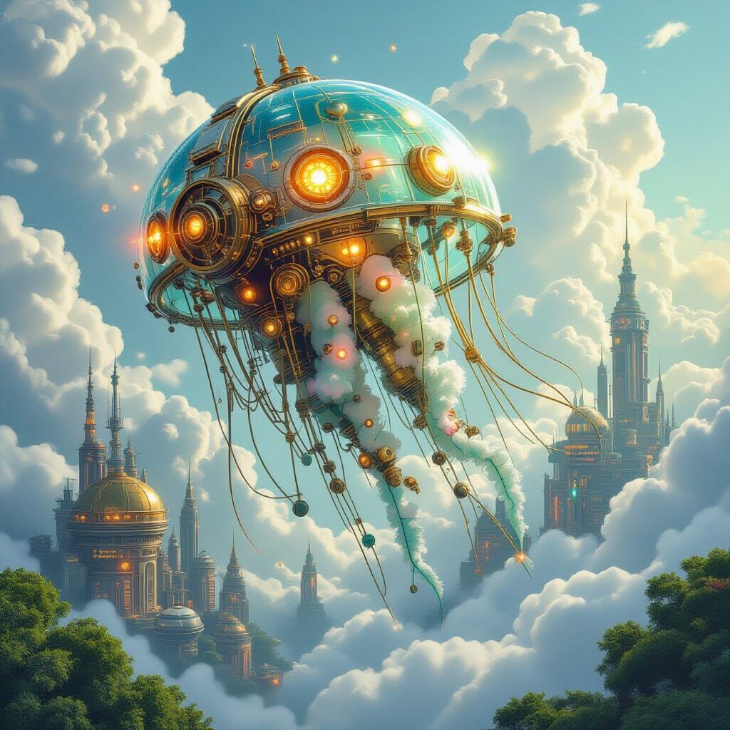 Steampunk Jellyfish Over Solarpunk City