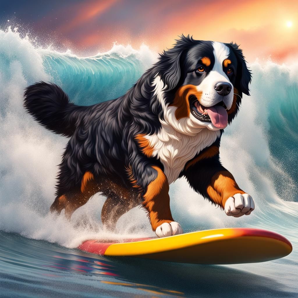 Bernese Mountain Dog Surfing: Hyperrealistic Splash Art