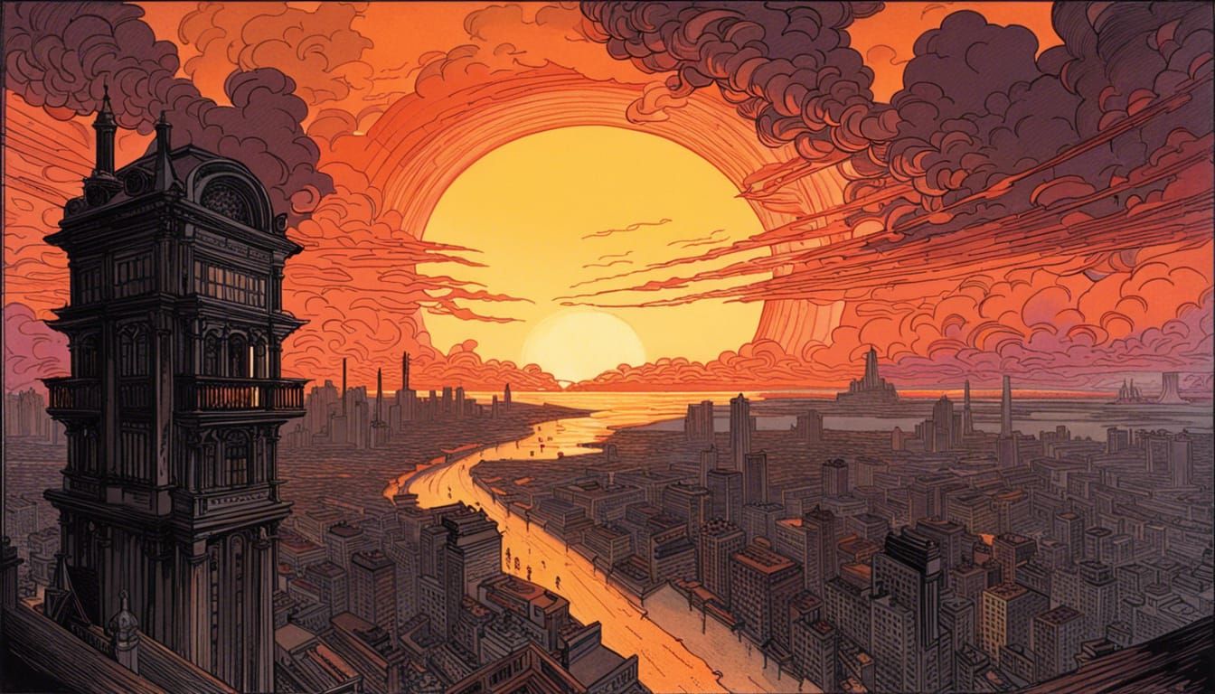 Catastrophic Sunset in Art Nouveau Style