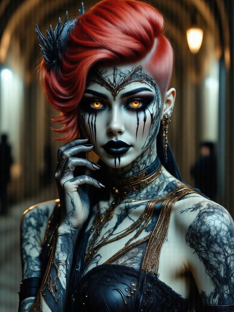 Gothic Woman with Cracked Porcelain Skin in Dark Fantasy Sty...