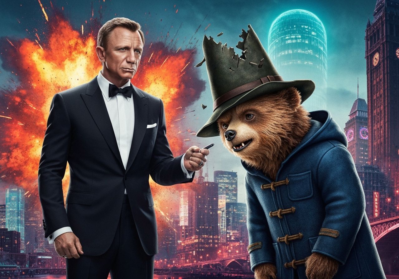 Bond vs. Paddington: London Showdown in Neon Noir Style