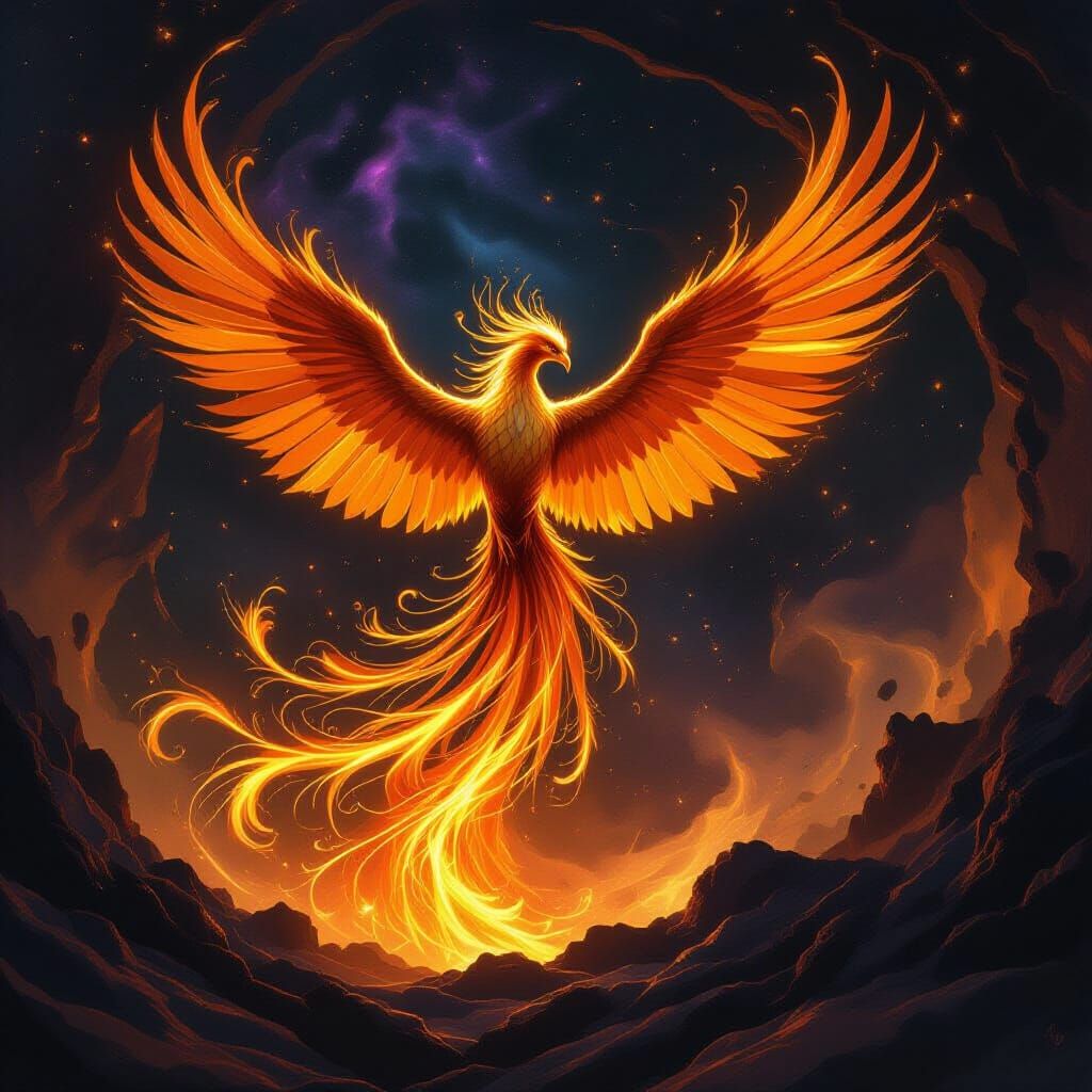 Majestic Phoenix Rises From Molten Gold Vortex