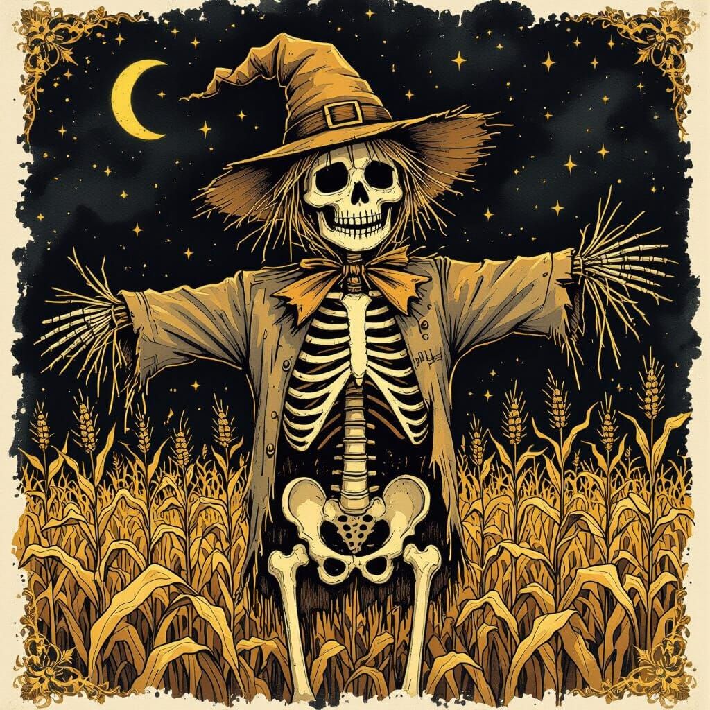 Macabre Scarecrow Skeleton in Spooky Cornfield