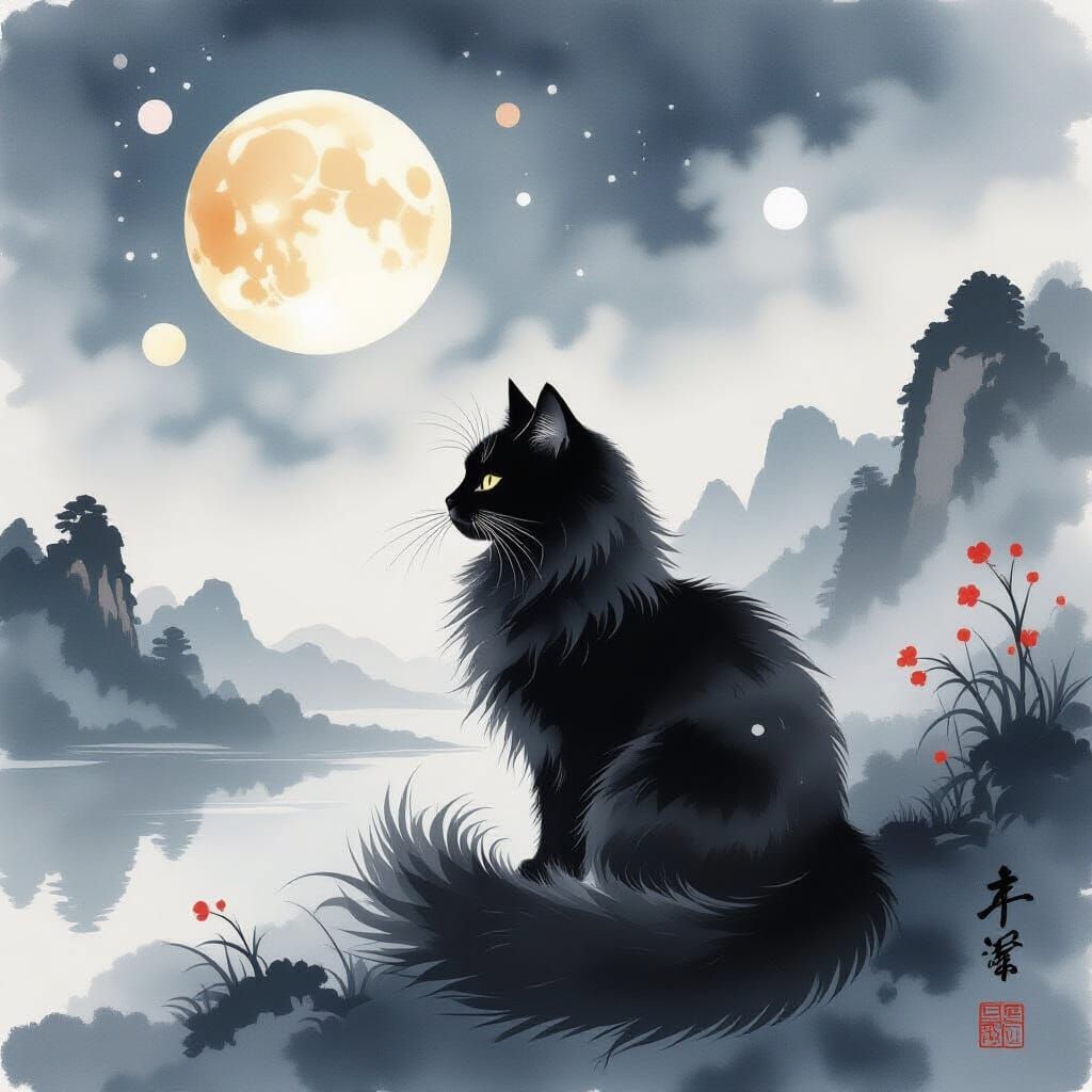 Black Cat Celestial Ink Chinese Watercolor Painting