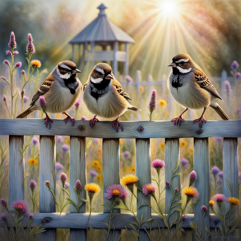 Sparrows in Wildflowers: Watercolor Painting with Sunbeams