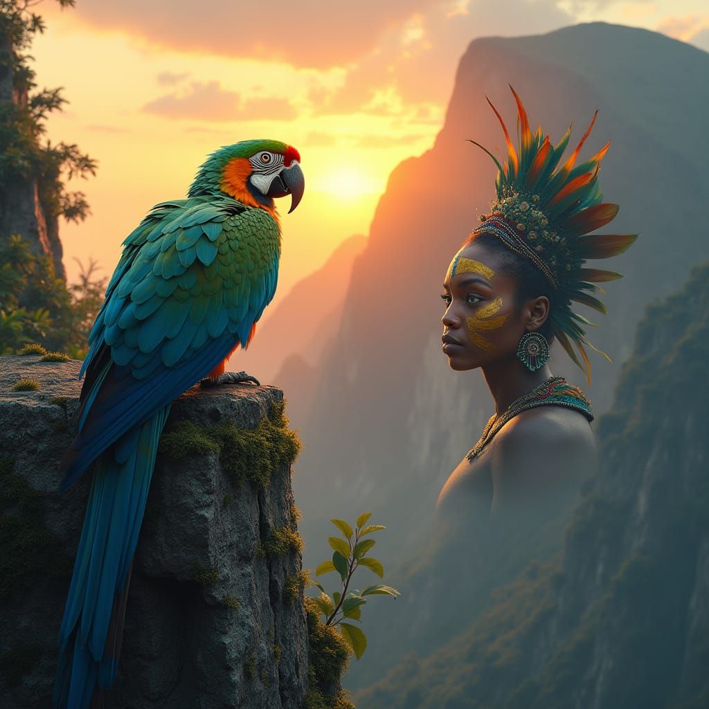 Hyper-Realistic Parrot Goddess on Ancient Mountain Range