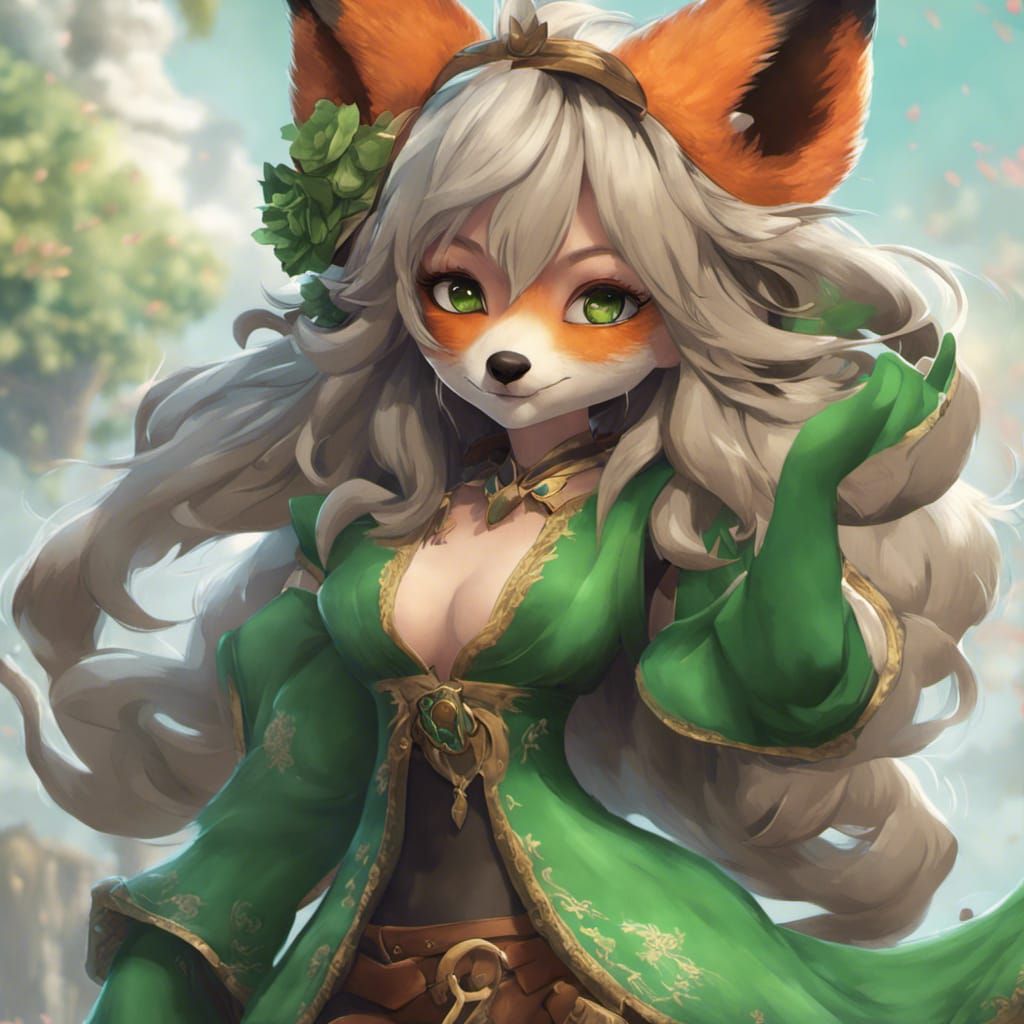 Furry Fox Girl in Green Dress: Fantasy Art
