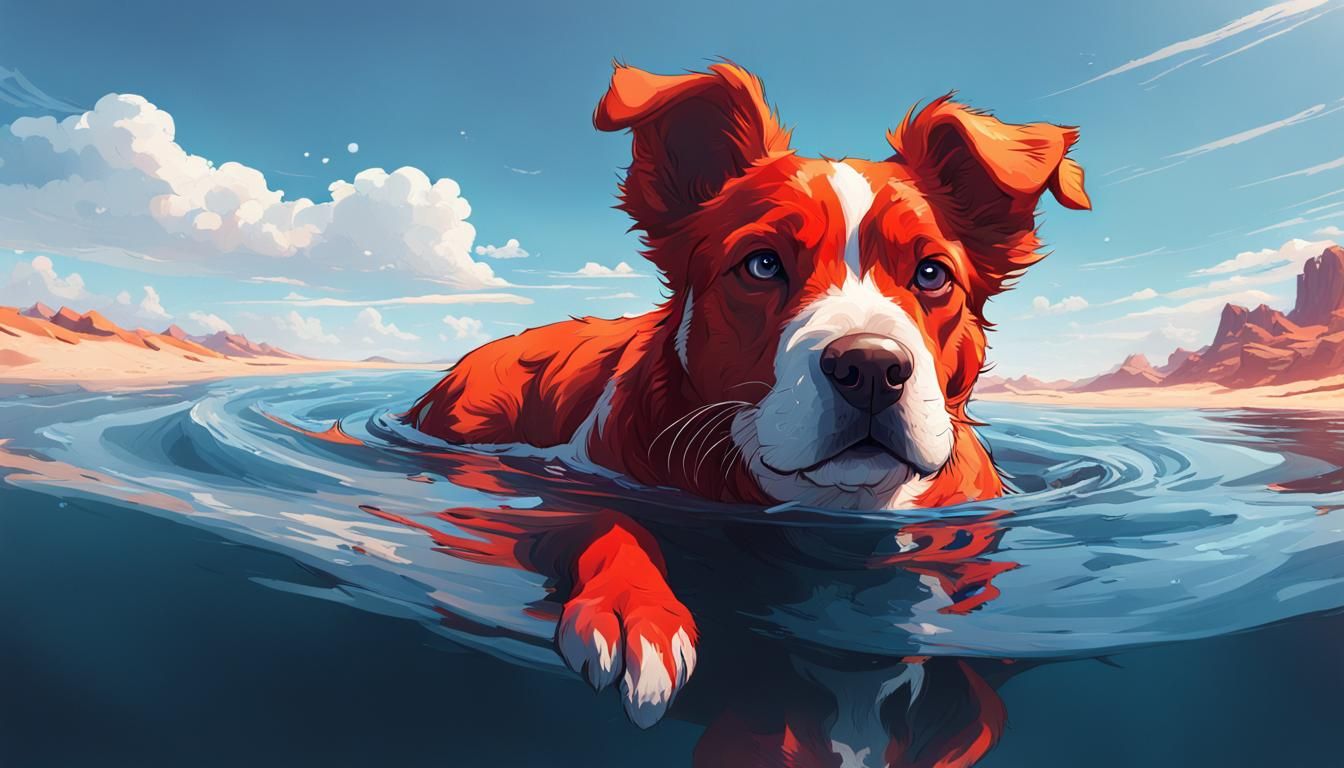 Red Puppy and Boy in Water, Hyperdetailed Portrait
