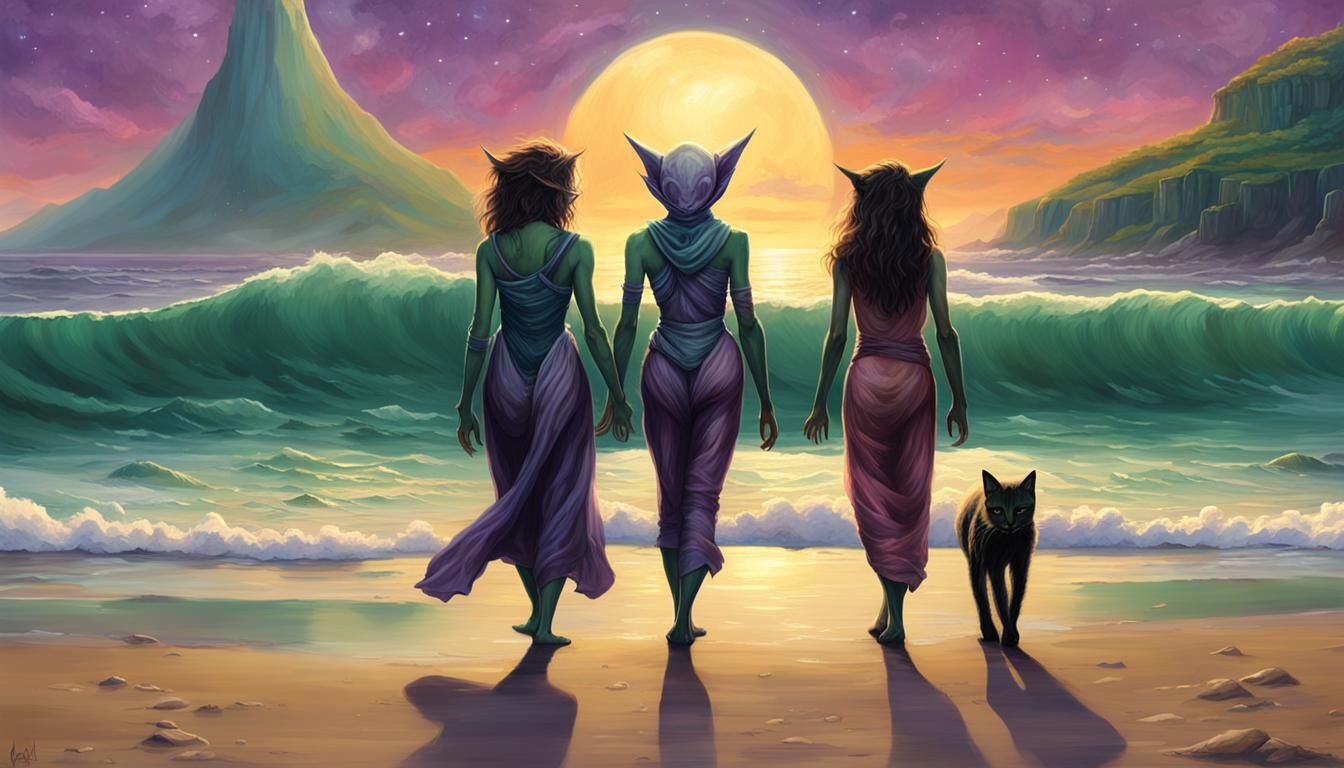 Alien Women Stroll on Exoplanet Shoreline