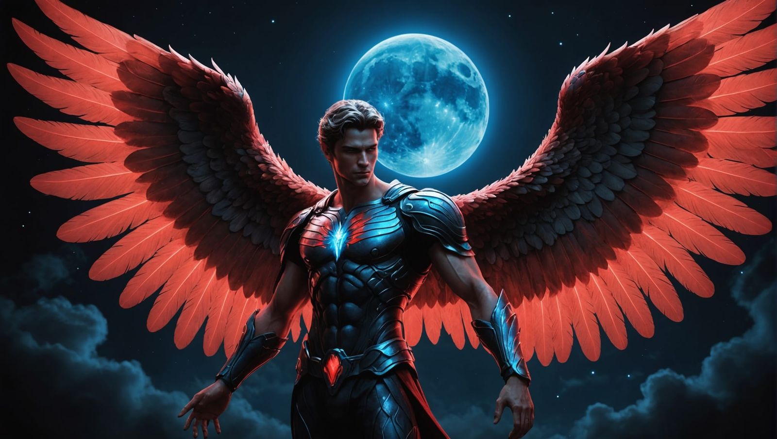 Neon Angel with Red Wings and Blue Moon