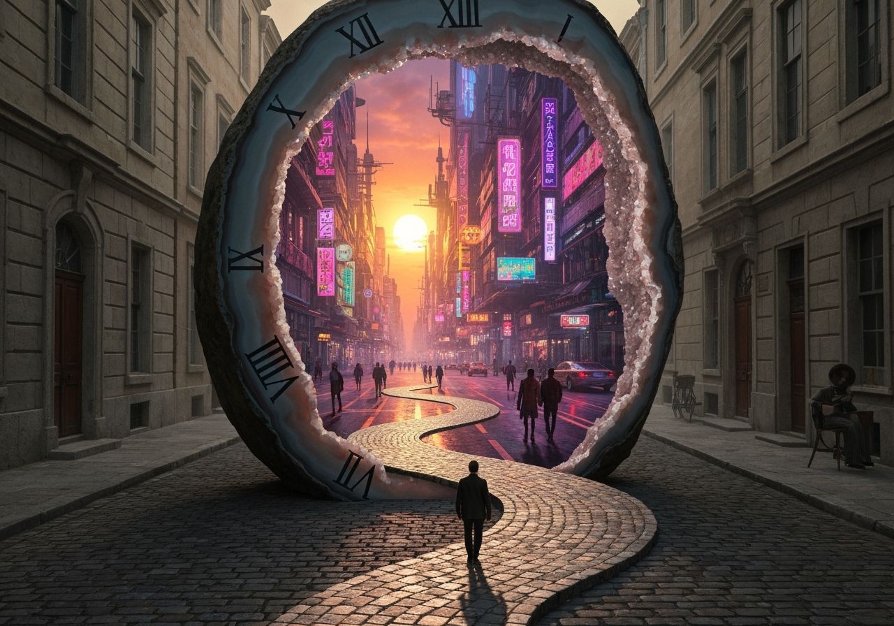 Geode Portal: Past to Future in Surreal Artwork