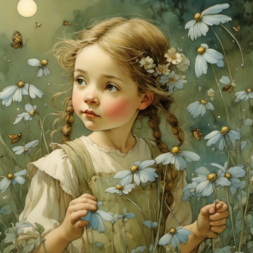 Flower Girl with Fireflies in Fairy Art Style