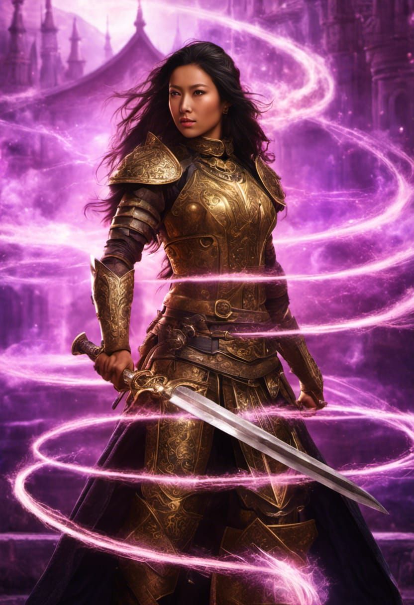 Asian Woman Warrior in Silver Armor with Magic
