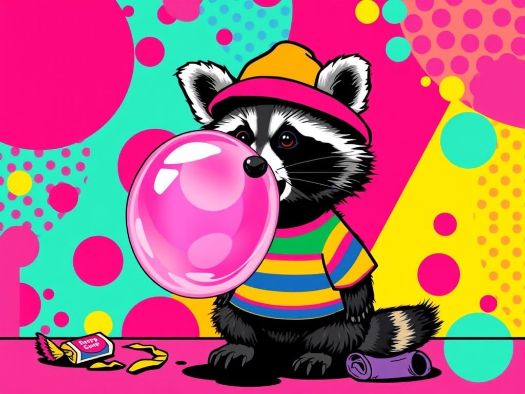 Vibrant Pop-Art Raccoon Blows Whimsical Bubble