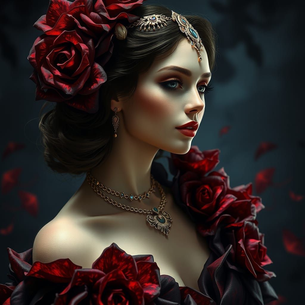 Rose Petal Gown: Hyper-Realistic Art Nouveau Portrait