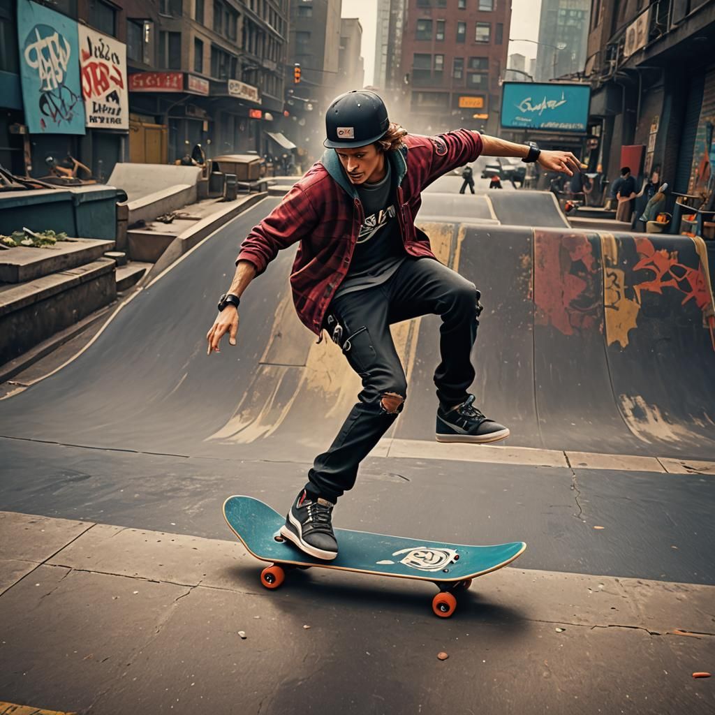 Rad Skateboarder Stunts in Urban Fantasy Art