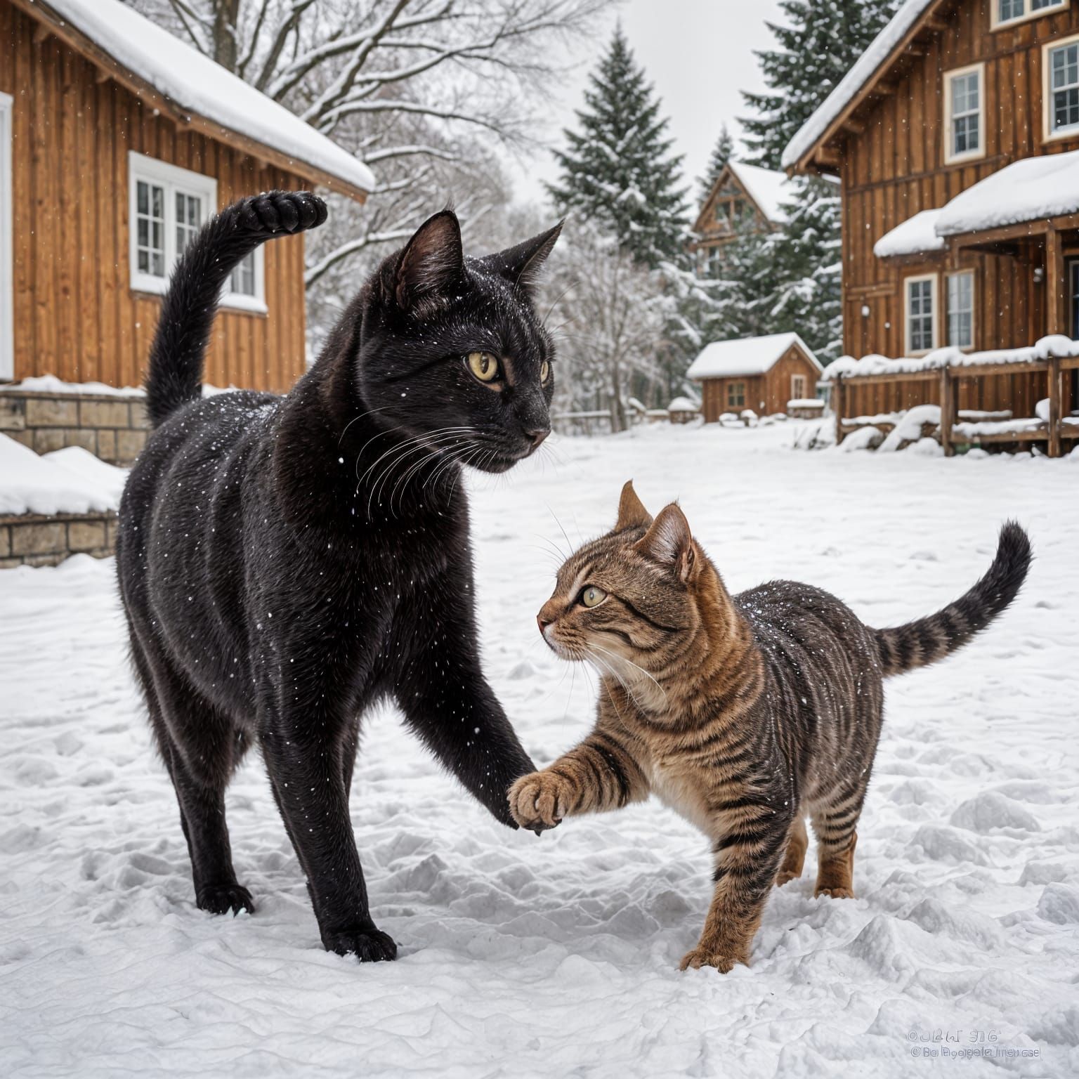 Black and Brown Cats Play in Snowy Winter Landscape