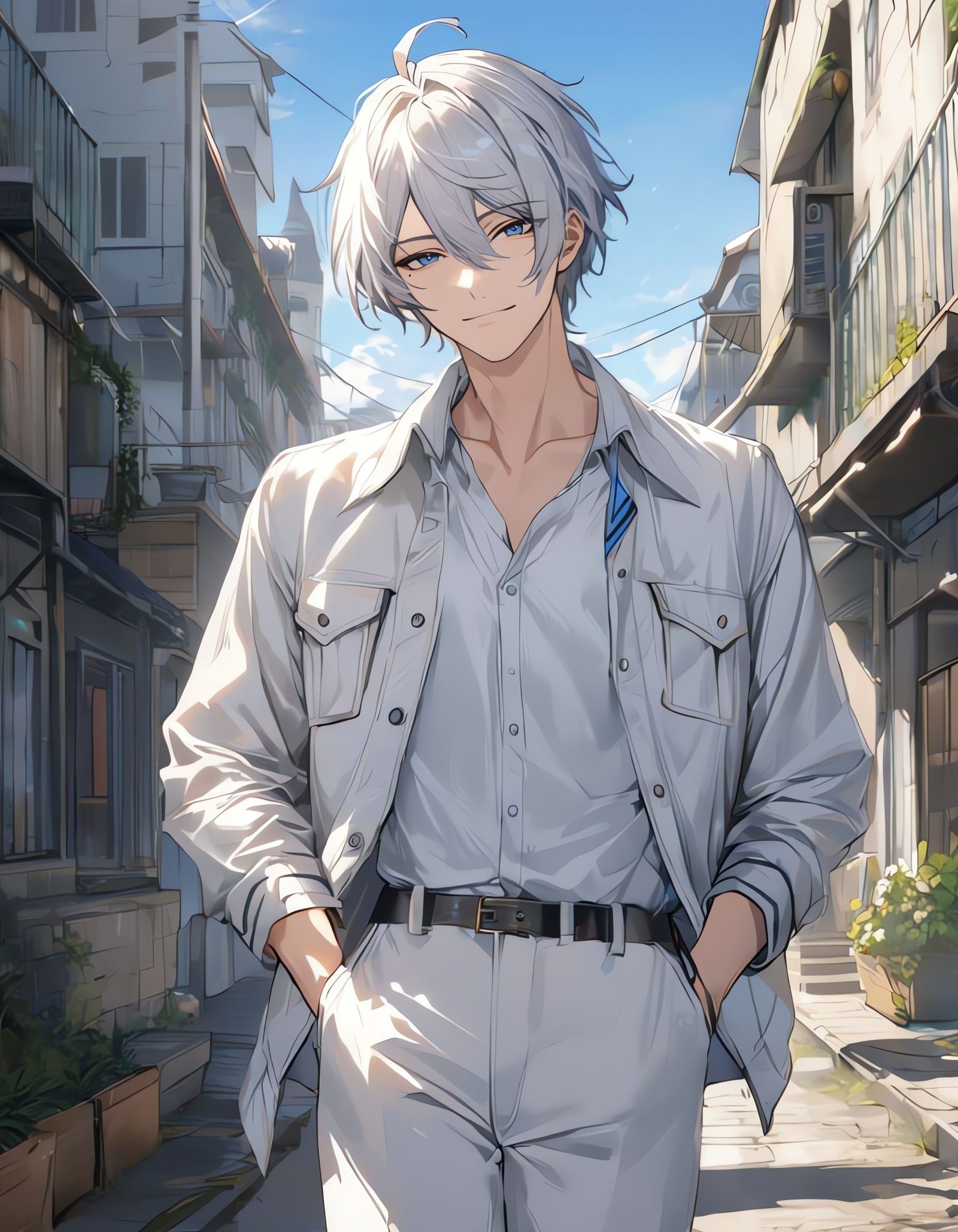 Bishounen in White Suit Under Blue Sky