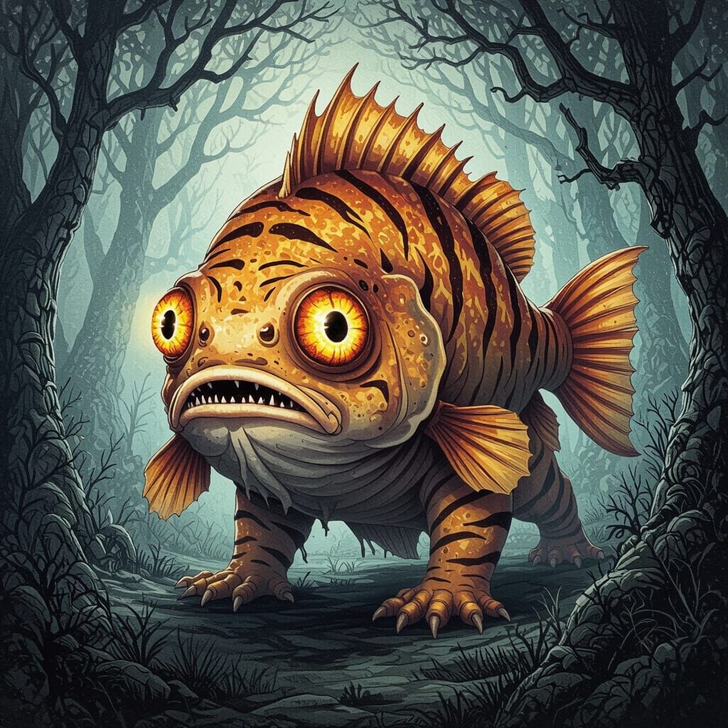 Terrifying Blobfish-Tiger Hybrid in Mystical Forest