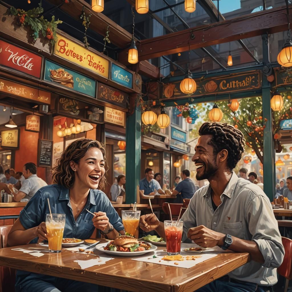 2 happy people eating at a restaurant booth